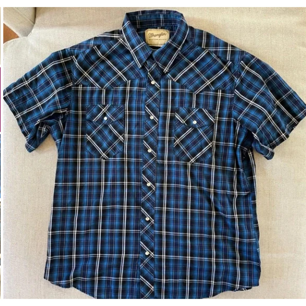 Wrangler Western Wear Pearl Snap Button Up Short Sleeve Shirt Blue Plaid 2XL